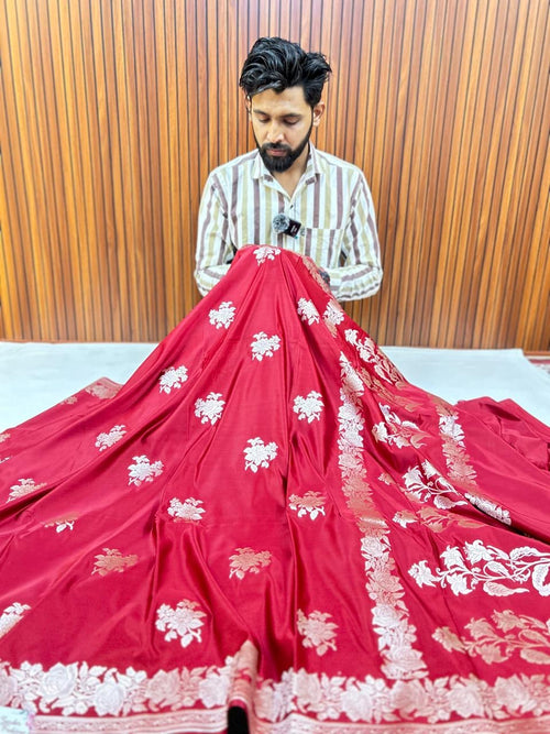 THE RICH & ELEGANT RANI RED BANARASI MASHROO KATAN SAREE