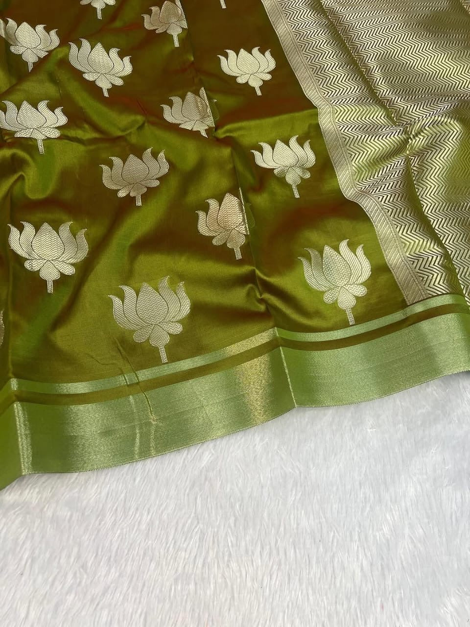 Elegant Olive Green Gold Banarasi Katan Semi Silk Saree