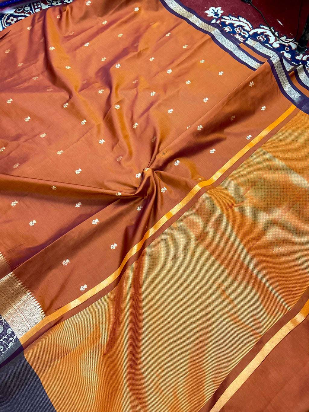 Premium Rust Orange Katan Silk Saree with Purple Contrast Zari Border | Elegant Banarasi Weave