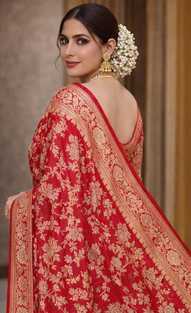 Handwoven Crimson Red Katan Silk Saree with Floral Jaal & Broad Border