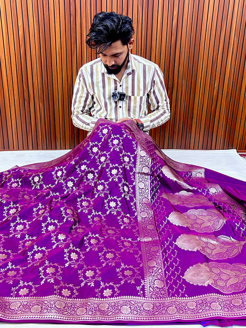 Premium Rani Colour Banarasi Mashroo Katan Saree with Elegant Zari Work