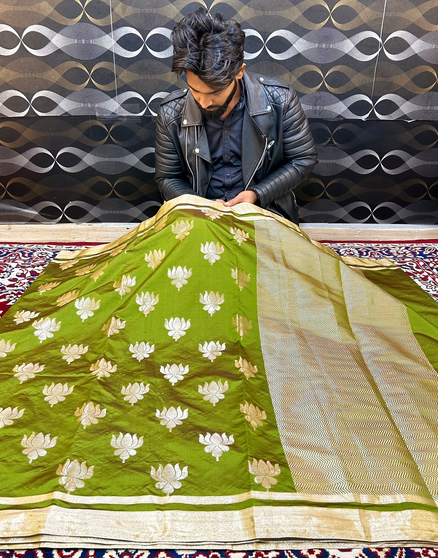 Elegant Olive Green Gold Banarasi Katan Semi Silk Saree