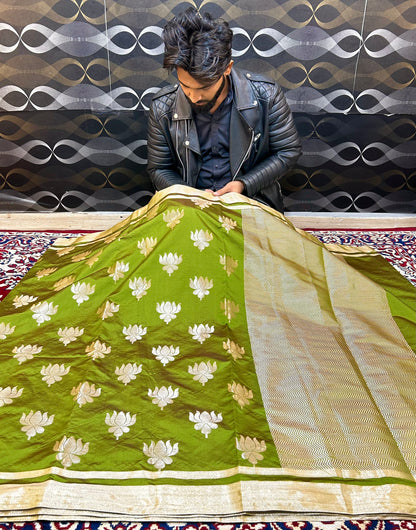 Elegant Olive Green Gold Banarasi Katan Semi Silk Saree