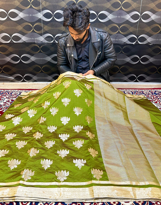 Elegant Olive Green Gold Banarasi Katan Semi Silk Saree