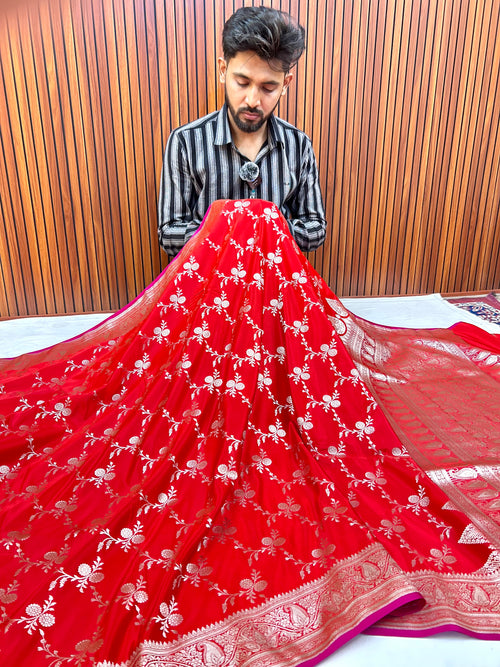 Royal Premium Red Mashroo Katan Silk Saree with Gold Zari Paisley Border & Floral Weaving