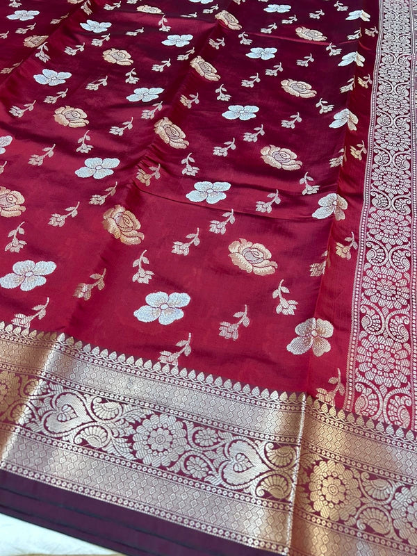 Elegant Royal Maroon Banarasi Designer Mashru Silk Saree