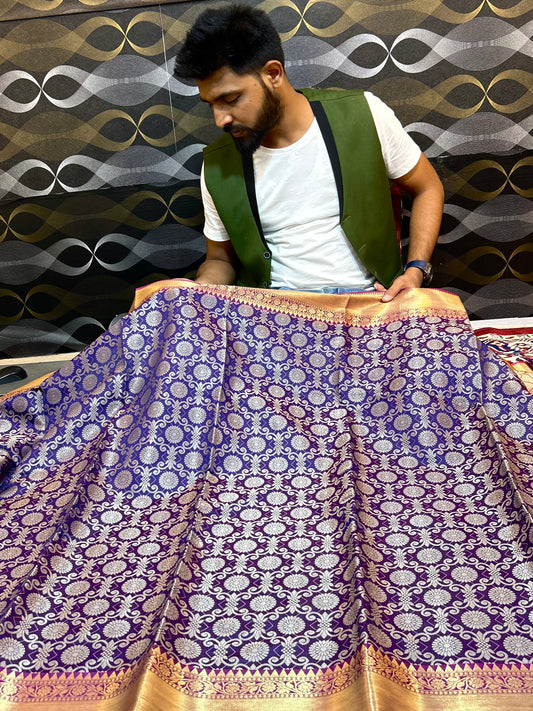 Banarasi Semi-Silk Saree in Navy Blue & Rani Pink