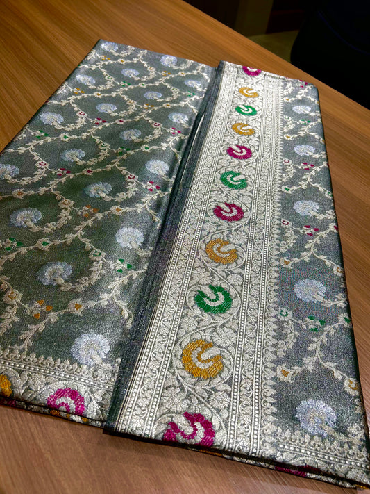 Elegant Banarasi Handloom Tissue Silk Saree – Smoky Grey with Silver Zar