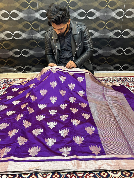 Elegent Katan Semi Silk Banarasi Saree – Royal Purple with Silver Zari Lotus Motifs