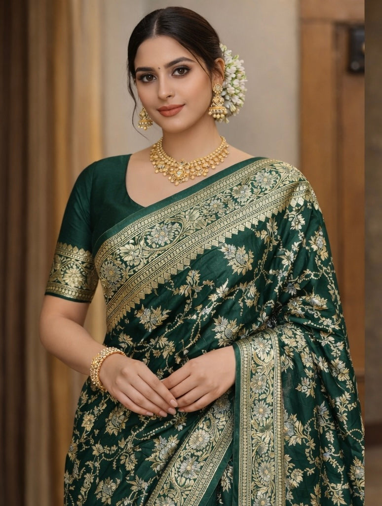 Handwoven Dark Green Katan Silk Saree with Floral Jaal Design