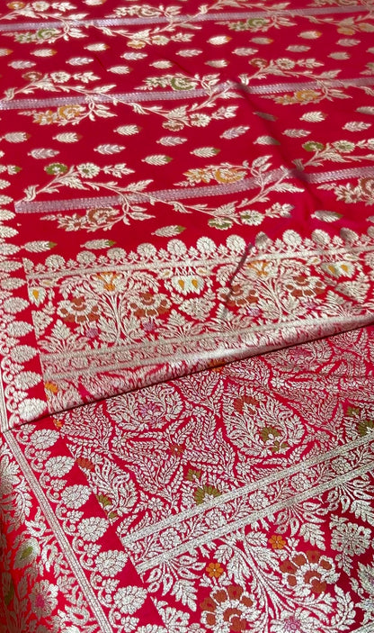 Banarasi Handwoven Katan Silk Blend Saree with Rich Floral Zari Border – Rani Pink