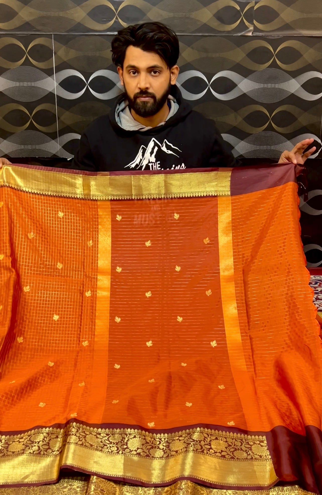Exclusive Banarasi Premium Orange Saree with Classic Grid Weave
