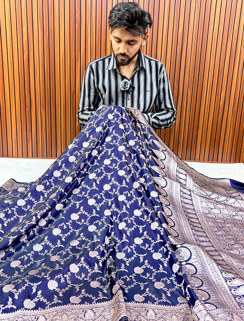 Royal Navy Blue Mashroo Katan Banarasi Silk Saree with Rich Silver Zari Floral Jaal & Grand Paisley Border