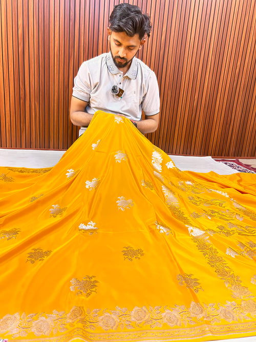 Premium Radiant Mustard Yellow Mashroo Katan Banarasi Silk Saree