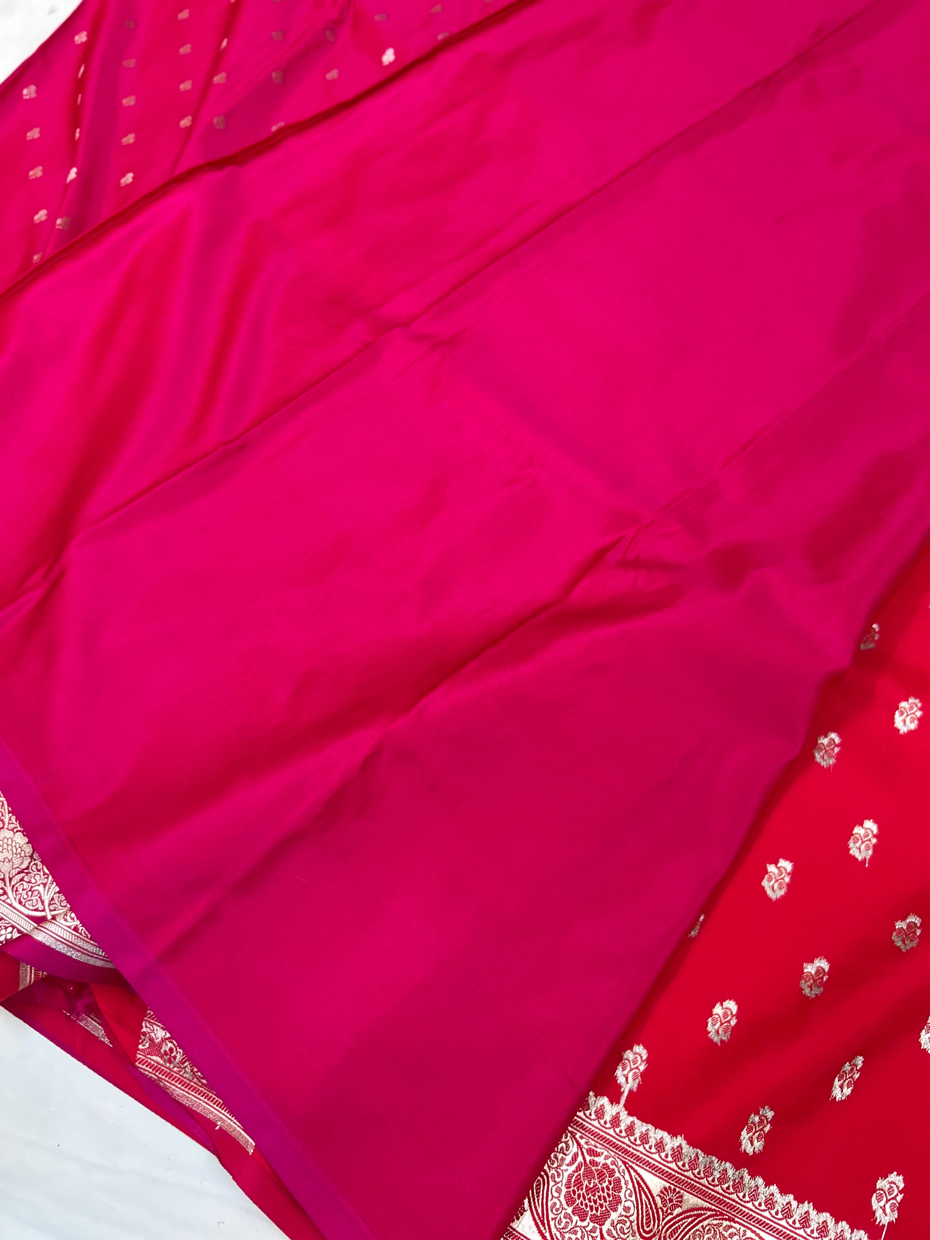 Elegant Rich Rani Mashroo Katan Banarasi Silk Saree with Intricate Silver Zari Work