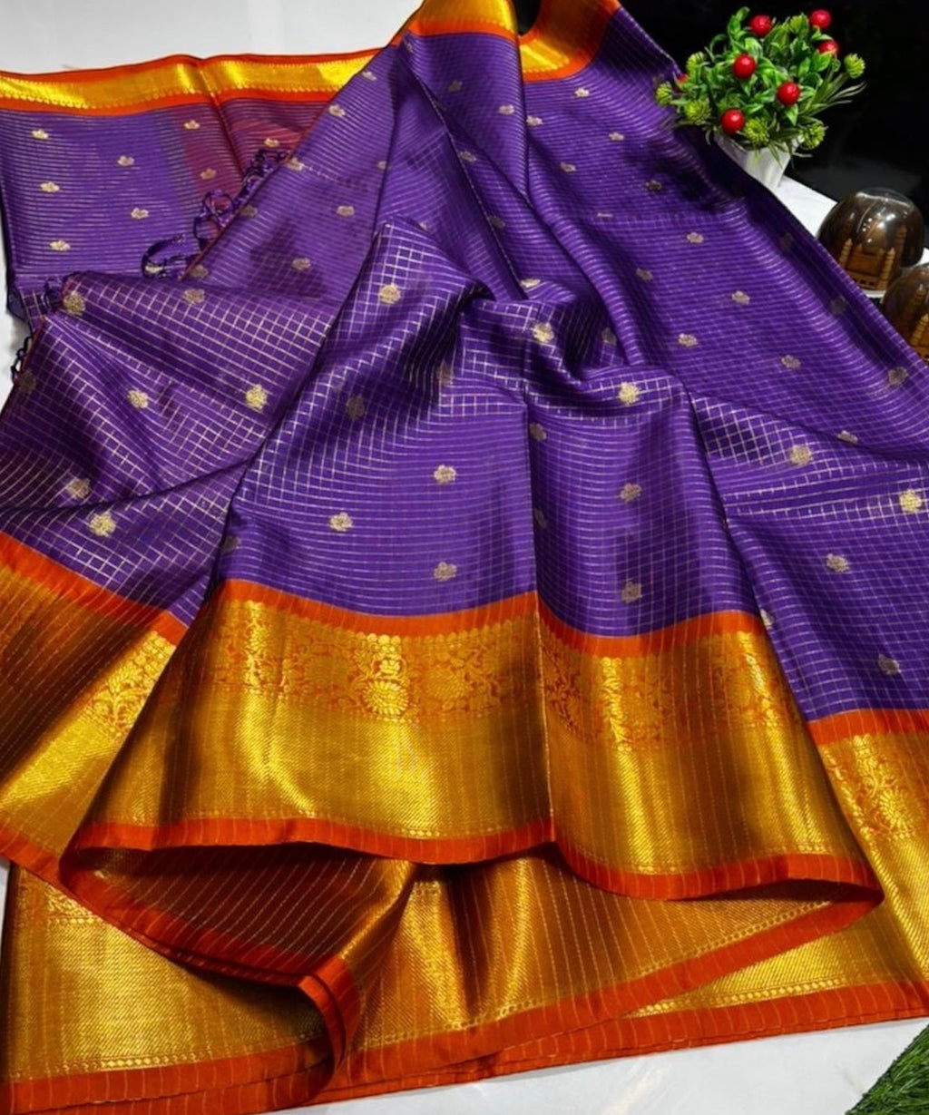 Royal Purple Katan Silk Banarasi Saree with Rich Gold Zari Border | Premium Handloom Elegance