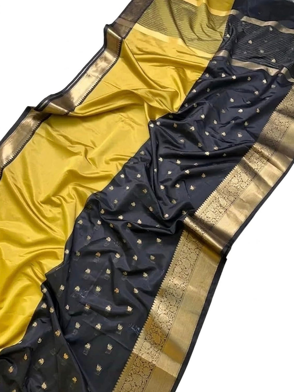 THE ELEGANT BLACK & MUSTARD BANARASI KATAN SILK SAREE