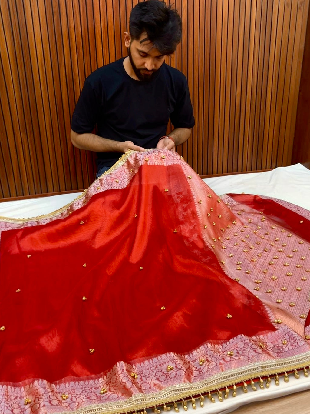 Ghungroo Highlighted Royal Red Banarasi Tissue Saree with Attached Lace Work – Premium Festive Collection