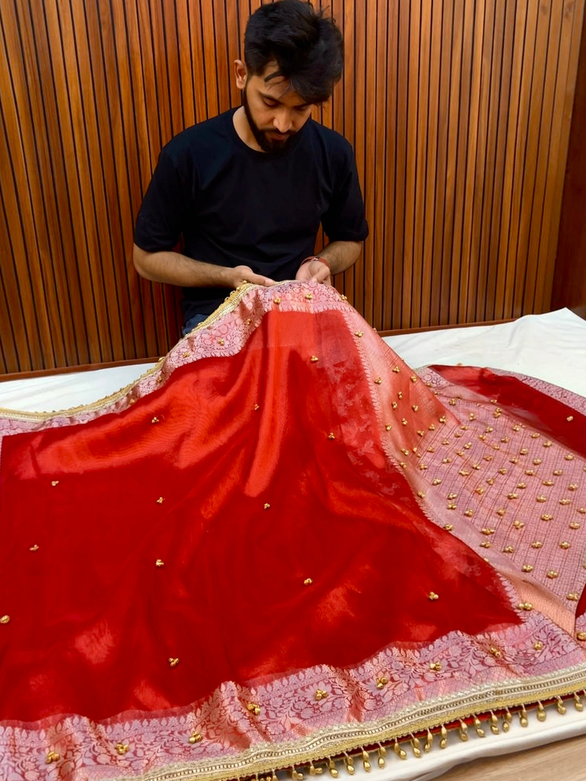 Ghungroo Highlighted Royal Red Banarasi Tissue Saree with Attached Lace Work – Premium Festive Collection