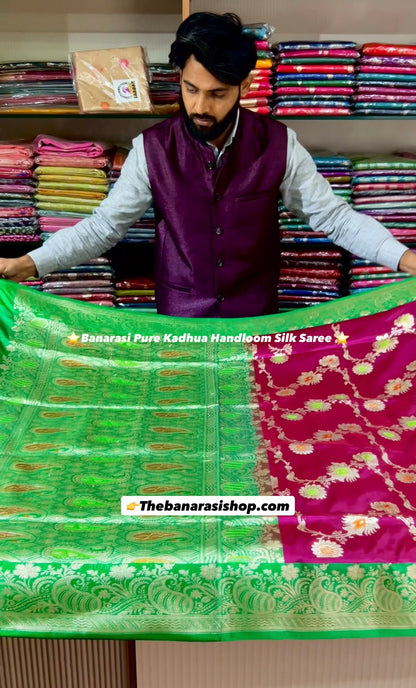 Pure Handloom Banarasi Kaduwa Saree – Wine Purple with Silver Zari & Emerald Green Border