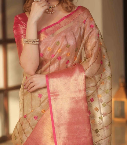 Elegant Premium Banarasi Tissue Kota Check Saree with Floral Embroidery & Brocade Contrast Pallu