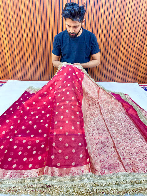 Luxurious Rani Pink Banarasi Tissue Saree with Attached Lace Work | Elegant Designer Wedding Saree