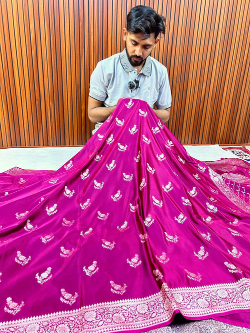 Premium Elegant Wine Magenta Mashroo Katan Banarasi Silk Saree