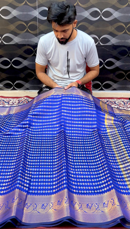 Royal Blue Katan Banarasi Semi Silk Saree with Premium Golden Zari Weaving