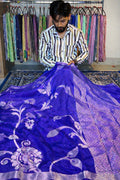 Elegant Royal Blue Banarasi Chiniya Silk Saree with Silver Zari Floral Weaving