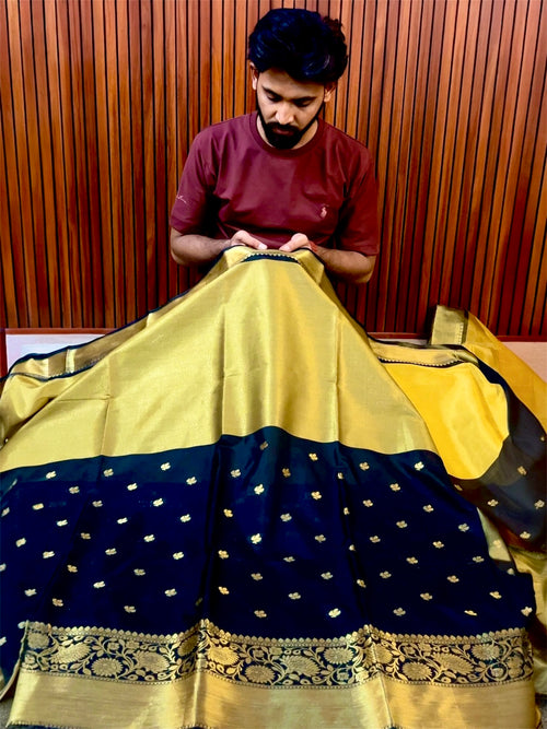THE ELEGANT BLACK & MUSTARD BANARASI KATAN SILK SAREE