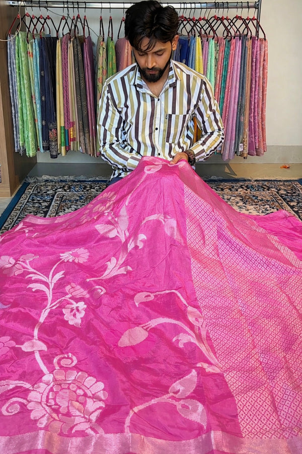 Rani Pink Chinniya Silk Saree with Floral Weaving | Wedding & Festive Saree