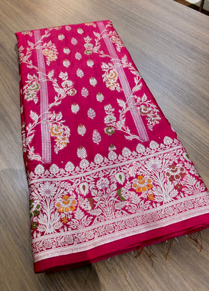 Banarasi Handwoven Katan Silk Blend Saree with Rich Floral Zari Border – Rani Pink