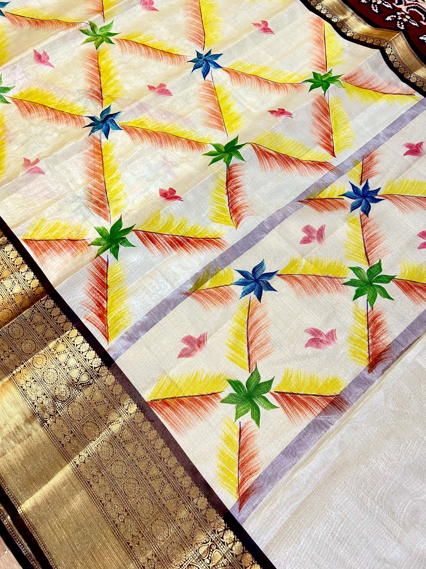 Premium Hand-Brushed Banarasi Tissue Saree in Ivory & Gold