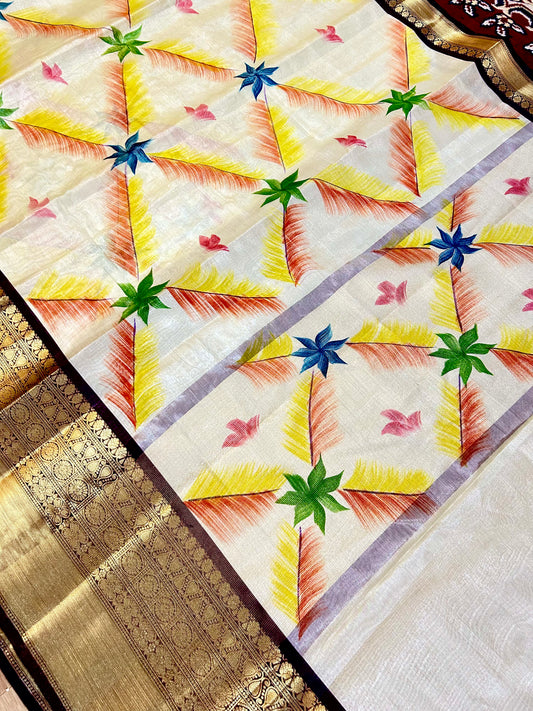 Premium Hand-Brushed Banarasi Tissue Saree in Ivory & Gold