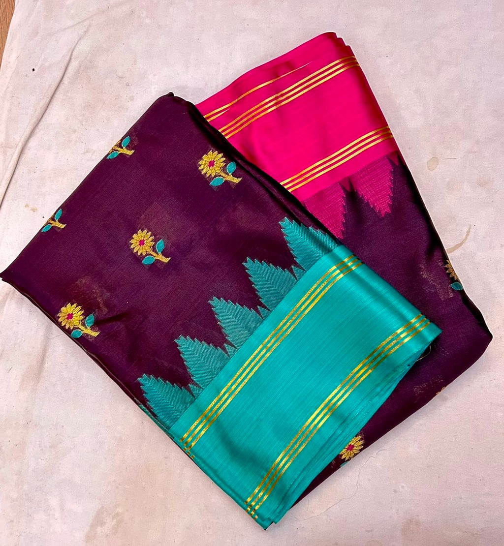 Elegent Garnet Banarasi Katan Semi Silk Saree with Aqua Blue & Rani Pink Border