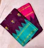 Elegent Garnet Banarasi Katan Semi Silk Saree with Aqua Blue & Rani Pink Border