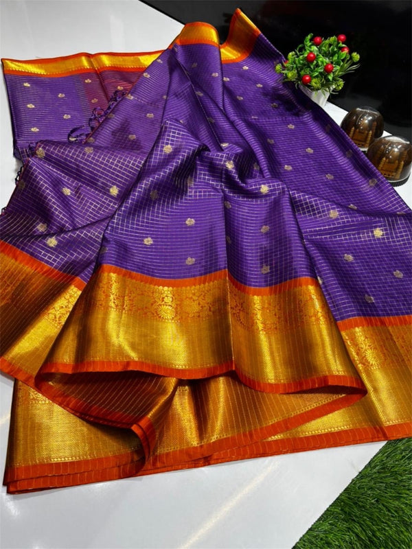 Royal Purple Katan Silk Banarasi Saree with Rich Gold Zari Border | Premium Handloom Elegance