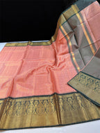 Premium Peach & Grey Katan Silk Saree with Rich Gold Zari Border | Elegant Banarasi Weave