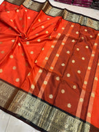 Premium Orange & Maroon Katan Silk Saree with Heavy Gold Zari Border | Elegant Banarasi Weave