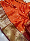 Premium Orange Katan Silk Saree with Gold Zari Checks & Contrast Maroon Border | Banarasi Weave