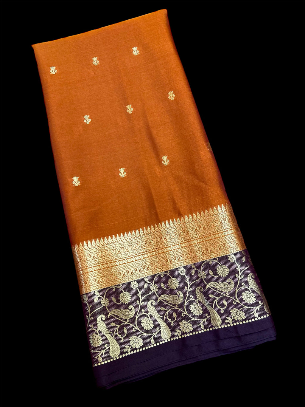 Premium Rust Orange Katan Silk Saree with Purple Contrast Zari Border | Elegant Banarasi Weave