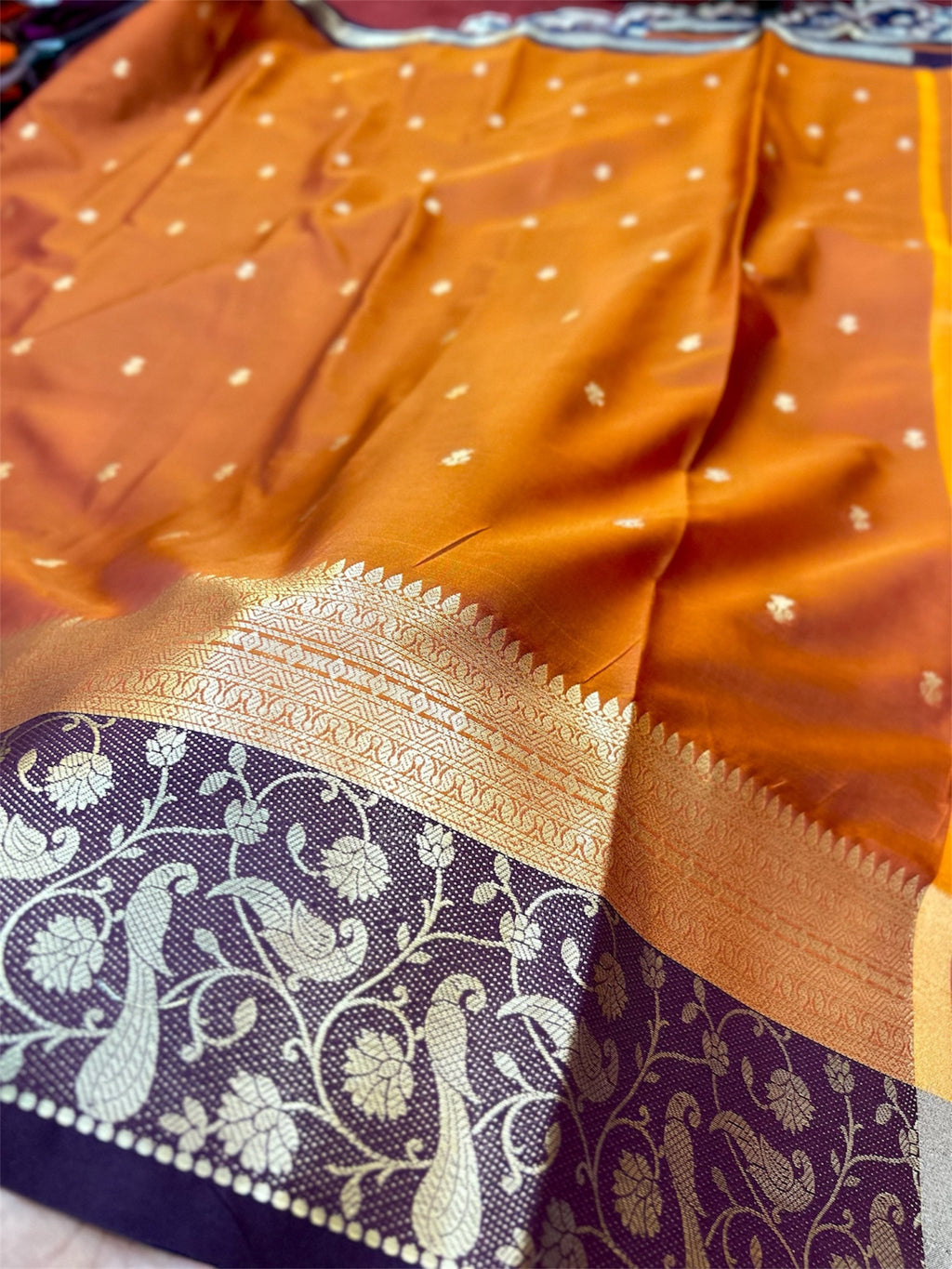 Premium Rust Orange Katan Silk Saree with Purple Contrast Zari Border | Elegant Banarasi Weave