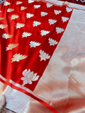 Premium Red Katan Silk Banarasi Saree with Silver Lotus Buta & Brocade Blouse (6.5m)
