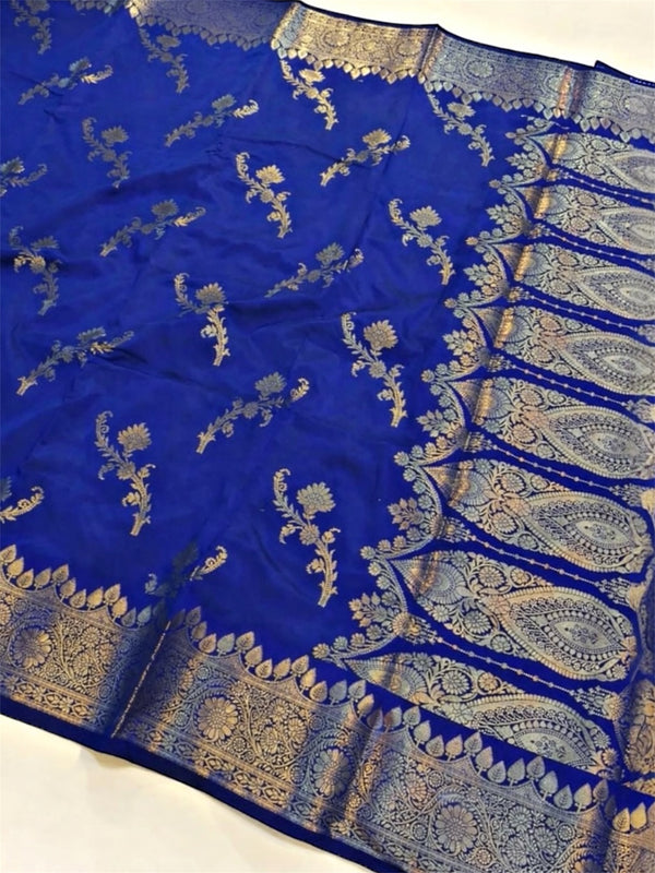 Luxurious Royal Blue Katan Silk Banarasi Saree with Rich Gold Floral Buta & Grand Zari Border