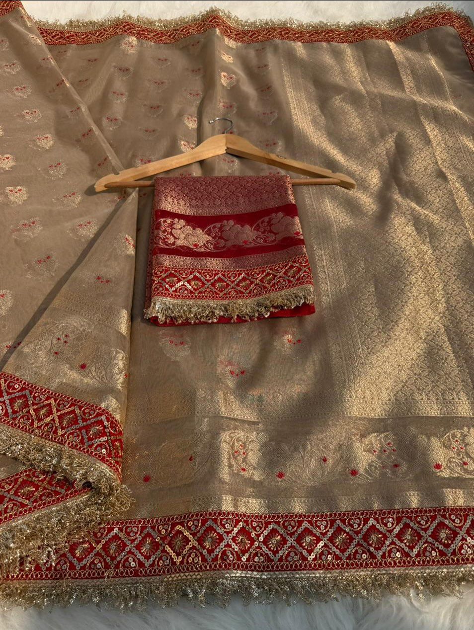 Elegant Tissue Banarasi Saree with Red Attached Lace Work | Premium Party & Wedding Wear