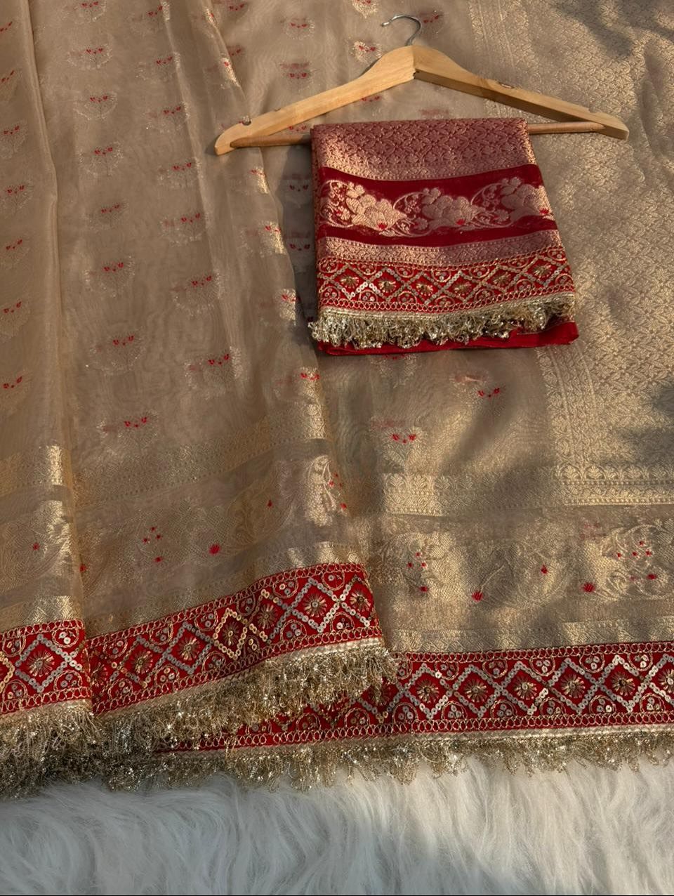 Elegant Tissue Banarasi Saree with Red Attached Lace Work | Premium Party & Wedding Wear