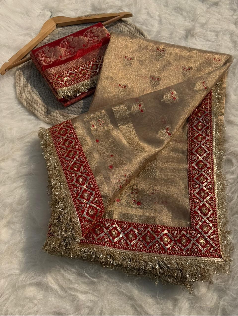 Elegant Tissue Banarasi Saree with Red Attached Lace Work | Premium Party & Wedding Wear