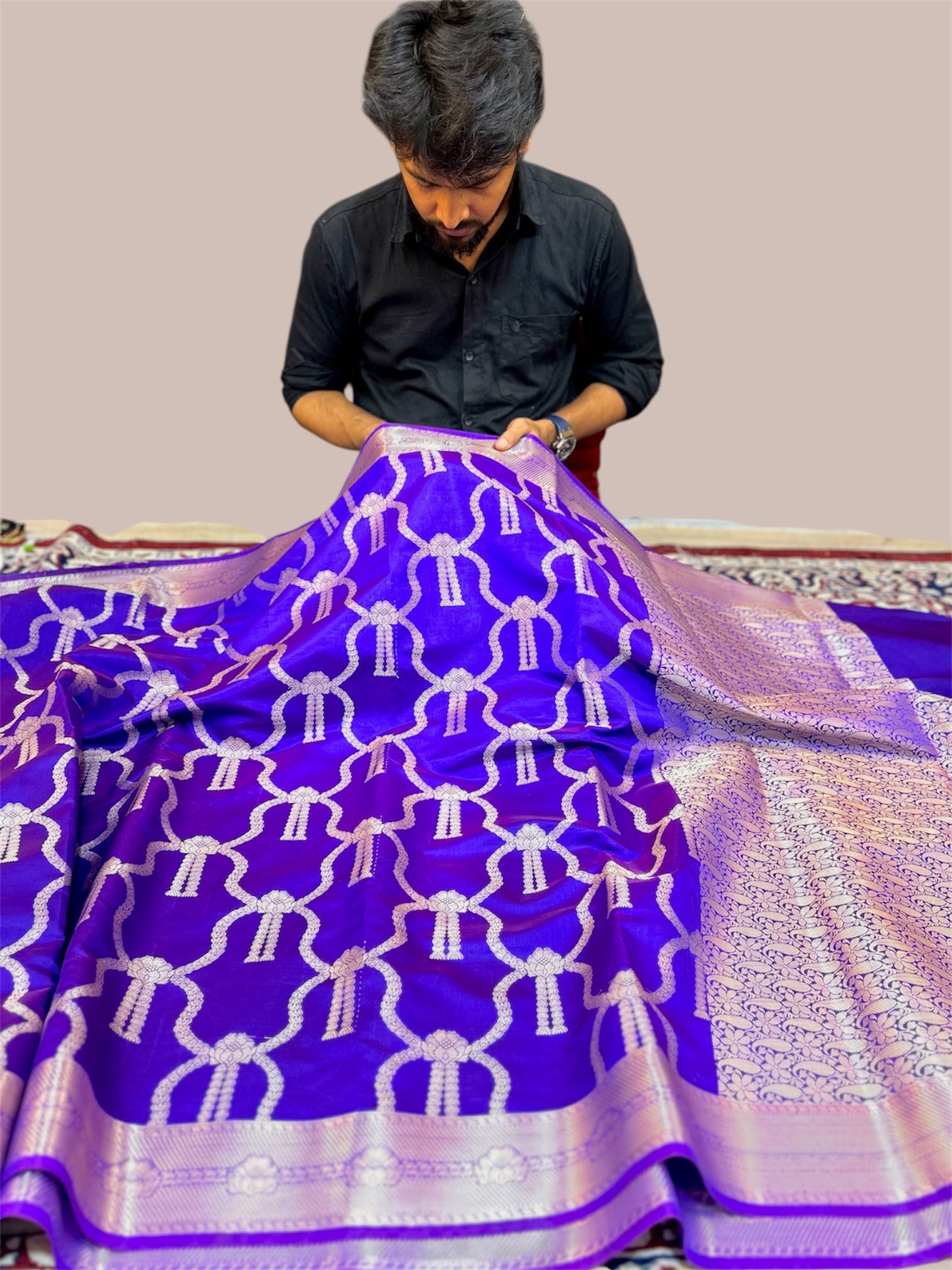 Royal Purple Katan Silk Banarasi Saree with Elegant Zari Border | Premium Banarasi Saree