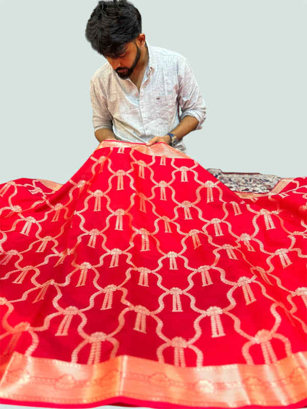 Premium Red Katan Silk Banarasi Saree with Allover Zari Jaal Design