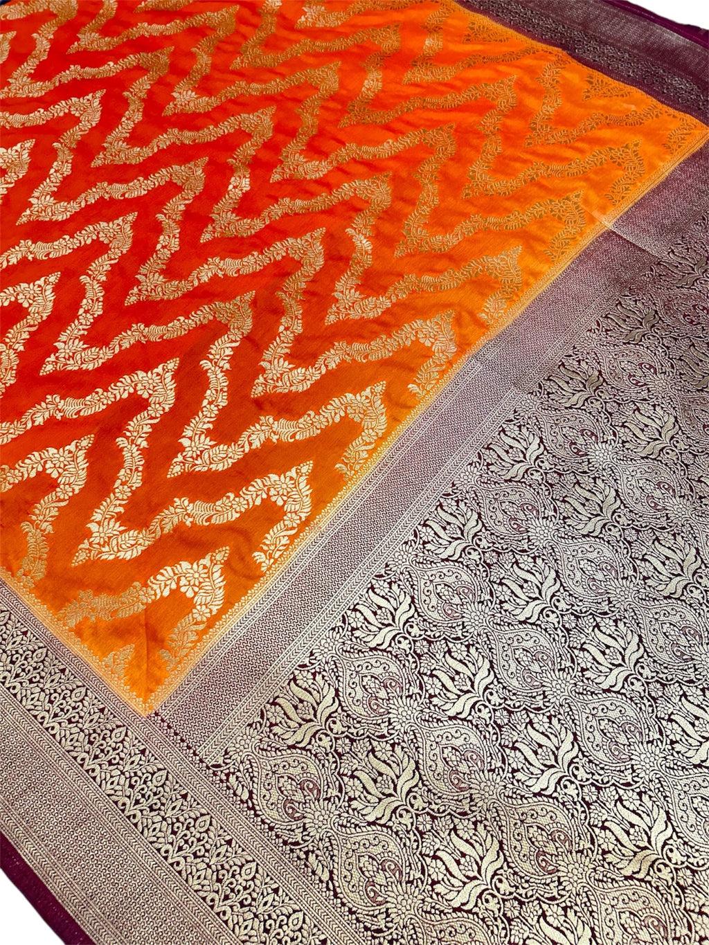 Elegant Warm Silk Banarasi Saree – Kesari Orange with Rich Maroon Zari Border